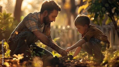a curious little boy eagerly helping his father plant a tree, fostering a sense of teamwork and connection in the garden. © lililia