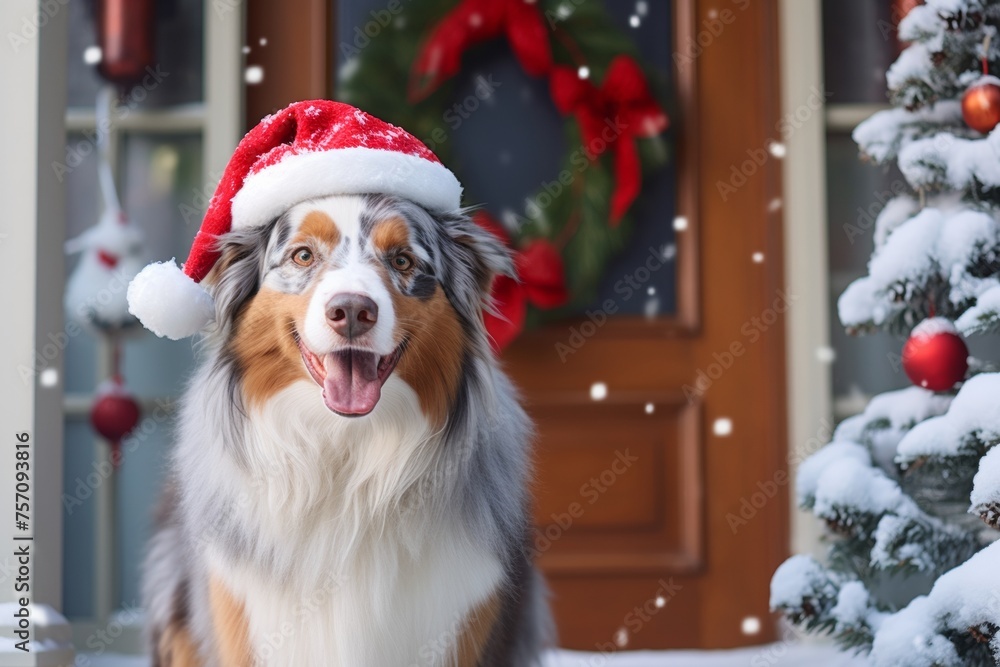 australian shepherd breed dog  merle color in santa hat in front door of suburban home