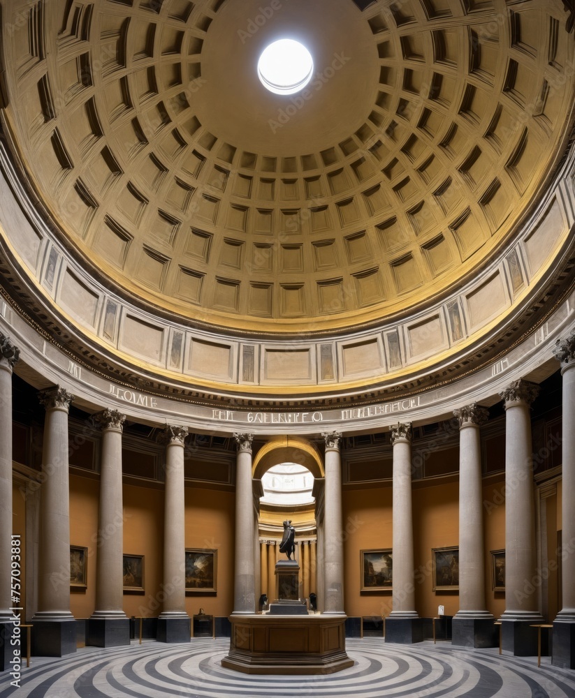 a large room with columns and a dome ceiling with a light shining in it's center area and a statue in the center
