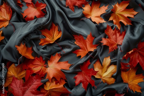 Aesthetic autumn background orange dried fall leaves on black silk satin crumpled fabric texture with natural sunlight shadows