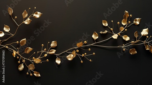 a golden branch adorned with meticulously crafted polymer clay leaves  accentuated by artistic golden wires  all showcased on a dramatic black background  offering generous space for text placement.