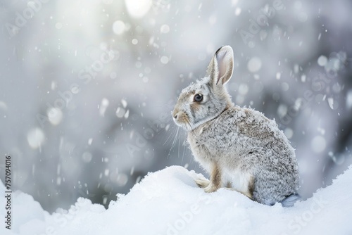 Cute gray hare in a beautiful snowy winter forest.