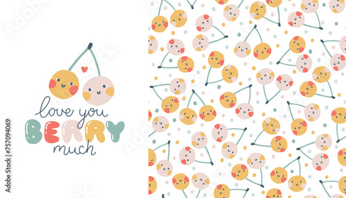 Berries cherries couple faces seamless pattern set with print in pastel palette. Vector naive hand drawn illustration of cute characters on polka dot background. Ideal baby textiles, wallpaper, fabric