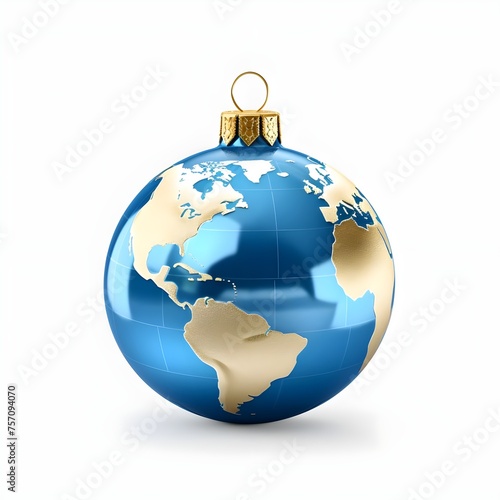 Earth globe as a Christmas bauble on white. Earth globe as a Christmas bauble with golden loops isolated on a white background