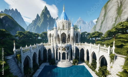 a large white castle with a massive staircase leading to it's entrance and a mountain in the background fantasy photo
