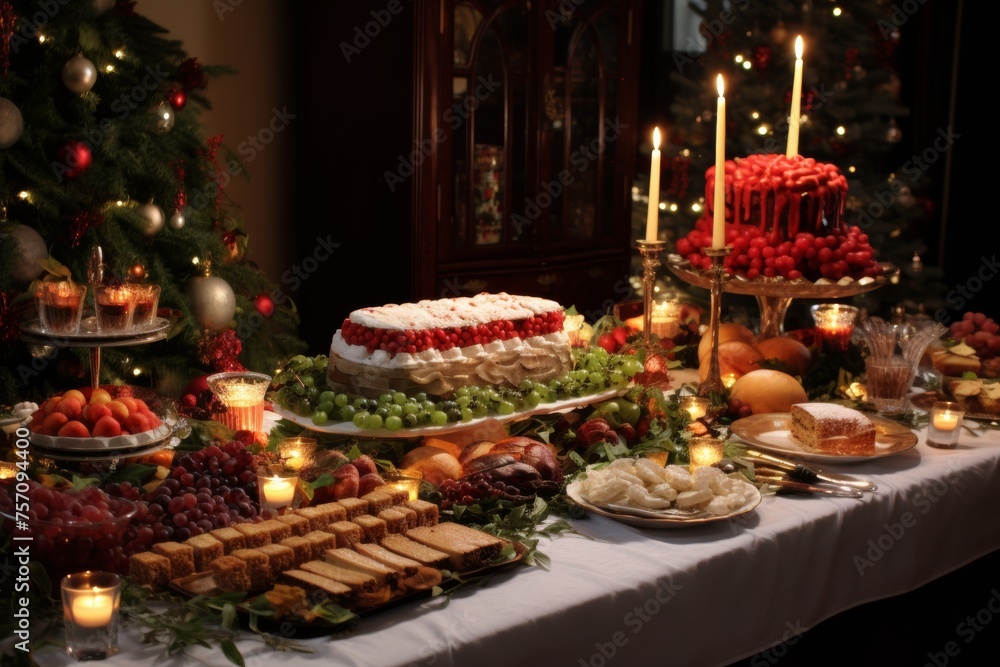 festive christmas dinner food served table setting on xmas season with festive lights and candles