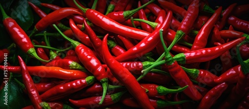 A stack of vibrant red chile de rbol, birds eye chili, and cayenne pepper with fresh green stems, essential ingredients in many spicy dishes photo