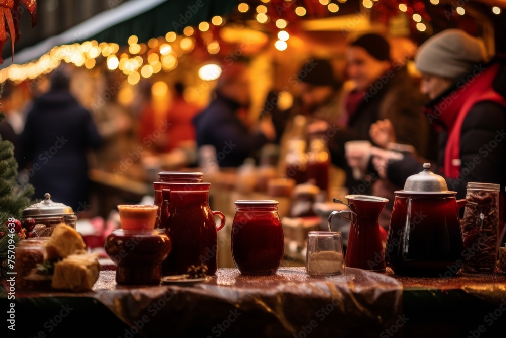 red christmas drink mulled or hot wine at xmas market in the evening with cozy yellow lights red christmas drink mulled or hot wine at xmas market in the evening with cozy yellow lights