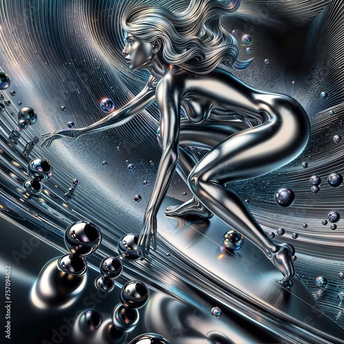 Surreal surfer abstract: Explore the world of dreams with this image of a silver woman surfing on a board, surrounded by silver bubbles, against a swirling silver and black background. photo