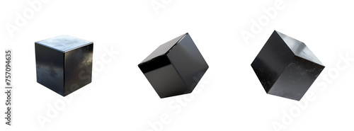 Black cube set isolated transparent PNG. 3D box square cubic shaped elements. Metallic material surface. Shiny and reflective. various angles and surface textures. Gift box. photo