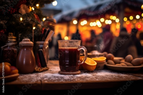 red christmas drink mulled or hot wine at xmas market in the evening with cozy yellow  lights