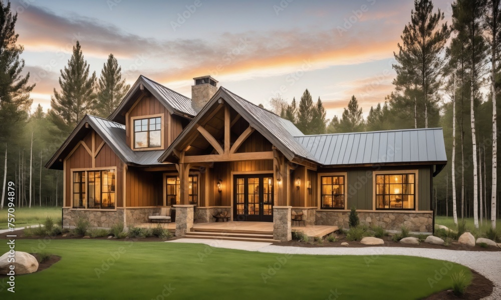 A rustic design with cozy, country-style architecture, earthy colors on exterior walls,