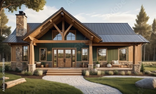 A rustic design with cozy, country-style architecture, earthy colors on exterior walls,