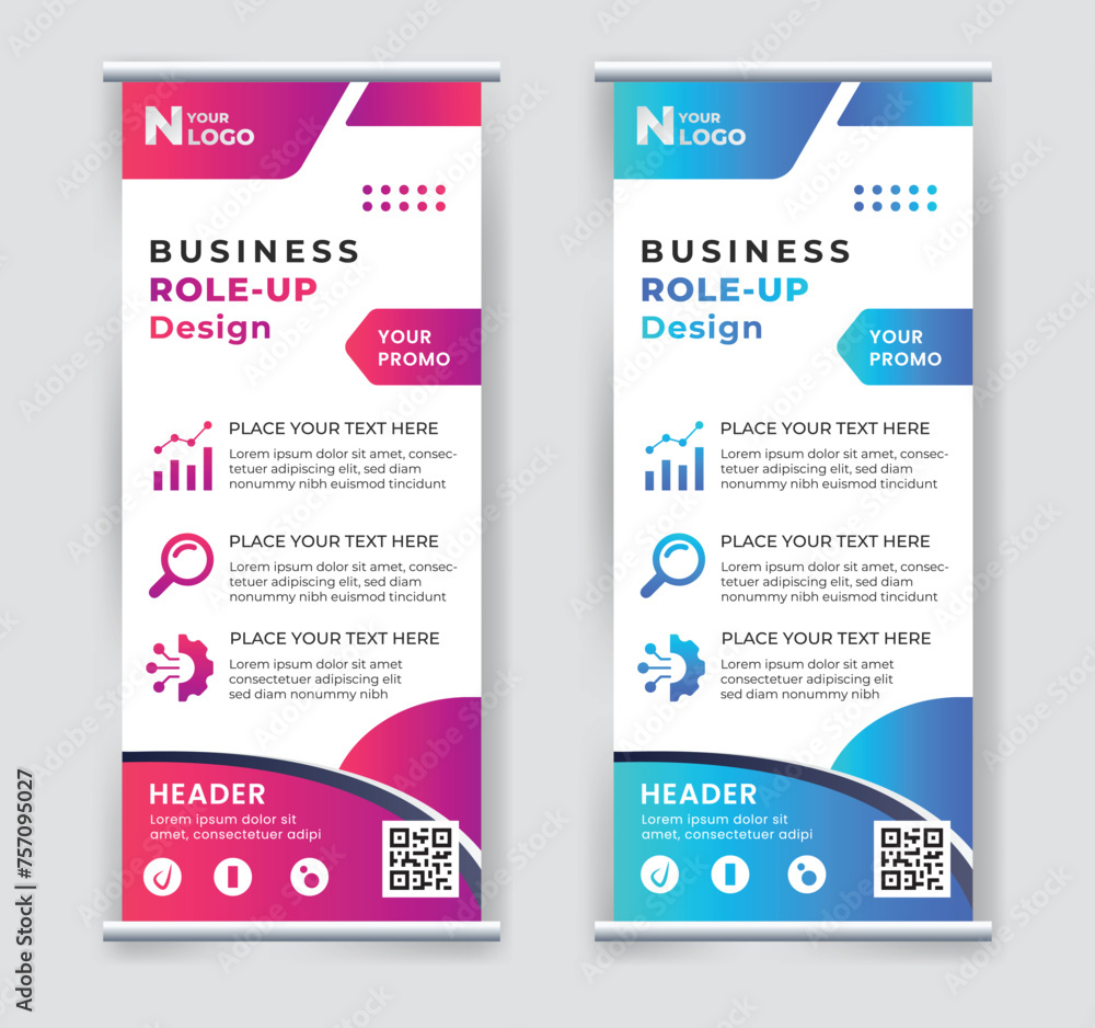 Naklejka premium Roll-up banner template, a set of modern portable stands roll-up for advertising, banner for presentations, conferences, exhibitions, mobile banner for product promotion.