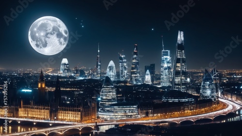  cityscape of future at moonlit nigh with a big moon in background