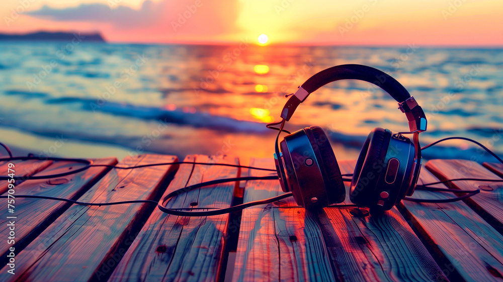 Headphones resting on a wooden pier with a blurred sunset over the ocean in the background