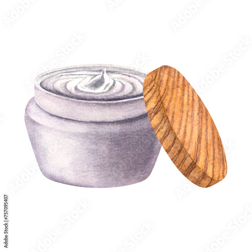 Round grey plastic jar of creamy body butter with wooden cap. Open container for cosmetics . Hand drawn watercolor illustration isolated on background. Design for beauty centers, Spa or medicine.