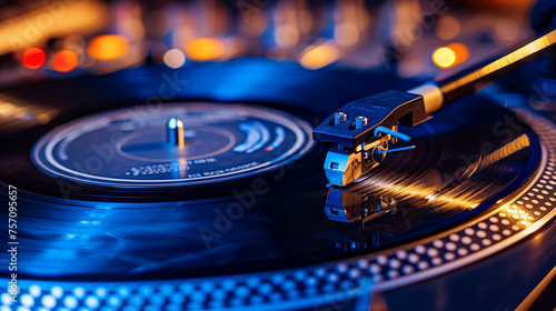 Close-up of a vinyl record player with a needle on the record and blue neon light reflecting