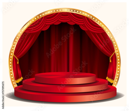 vector red podium on circle stage with red curtain