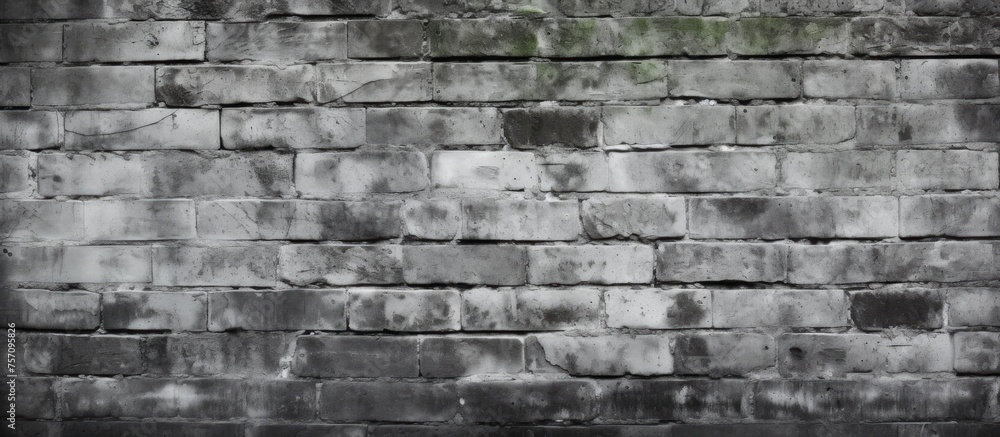 A monochrome photograph showcasing a rectangular brick wall covered in moss. The grey brickwork creates a beautiful pattern, contrasting with the wood flooring