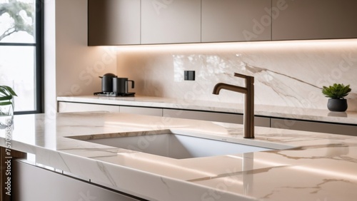 kitchen  sleek eggshell light beige finishes  with a beige and wood  white marble