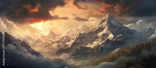 An art piece depicting a natural landscape of a mountain range enveloped by clouds during sunset, creating a serene atmosphere with cumulus clouds and a darkening horizon