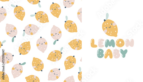 Lemons face seamless scattered pattern set with print in pastel palette. Vector naive hand drawn illustration of cute characters. Ideal for baby textiles, wallpaper, fabric, scrapbooking.