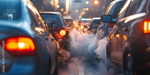 Vehicle releases dark exhaust fumes in congested traffic impacting environment negatively. Concept Air Pollution, Traffic Congestion, Vehicle Emissions, Environmental Impact, Sustainable Transport