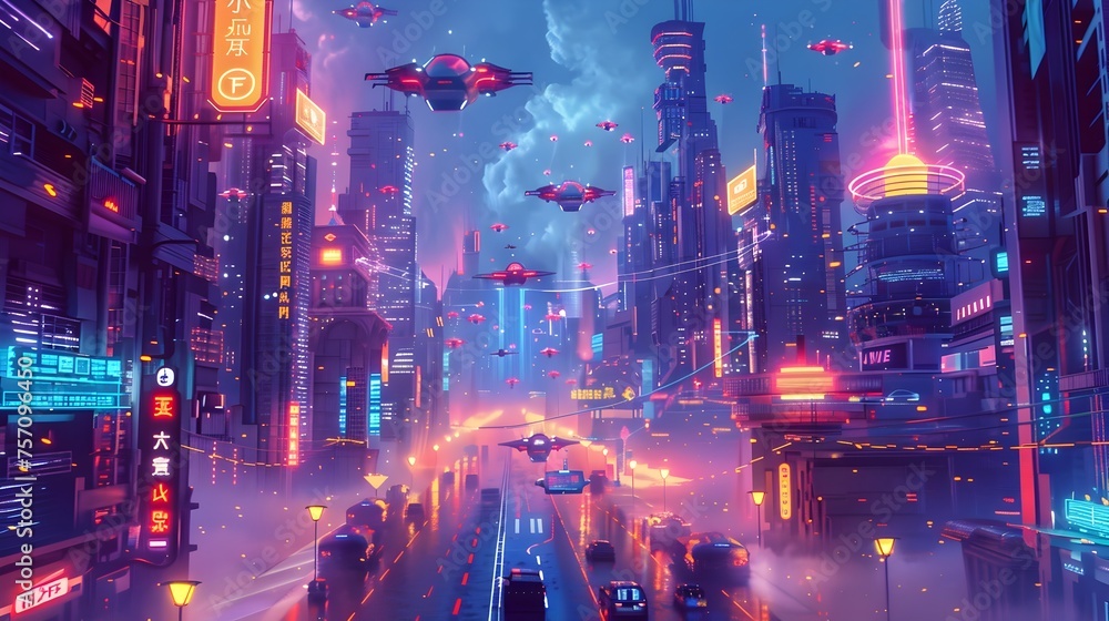 Vibrant Neon Cityscape with Airplanes and Space Craft, To convey a sense of progress, innovation, and modernity in a futuristic urban setting