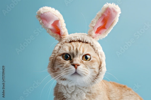 Portrait of a cute kitten wearing pink easter bunny ears. Happy easter concept