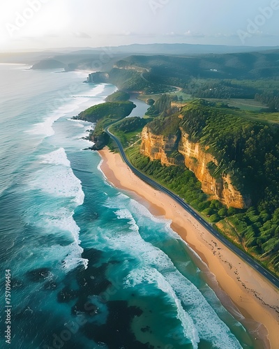 Aerial drone capture of an Australian beach showcases waves, lush vegetation, and a road to an isolated cliff, blending land and sea in exquisite detail.