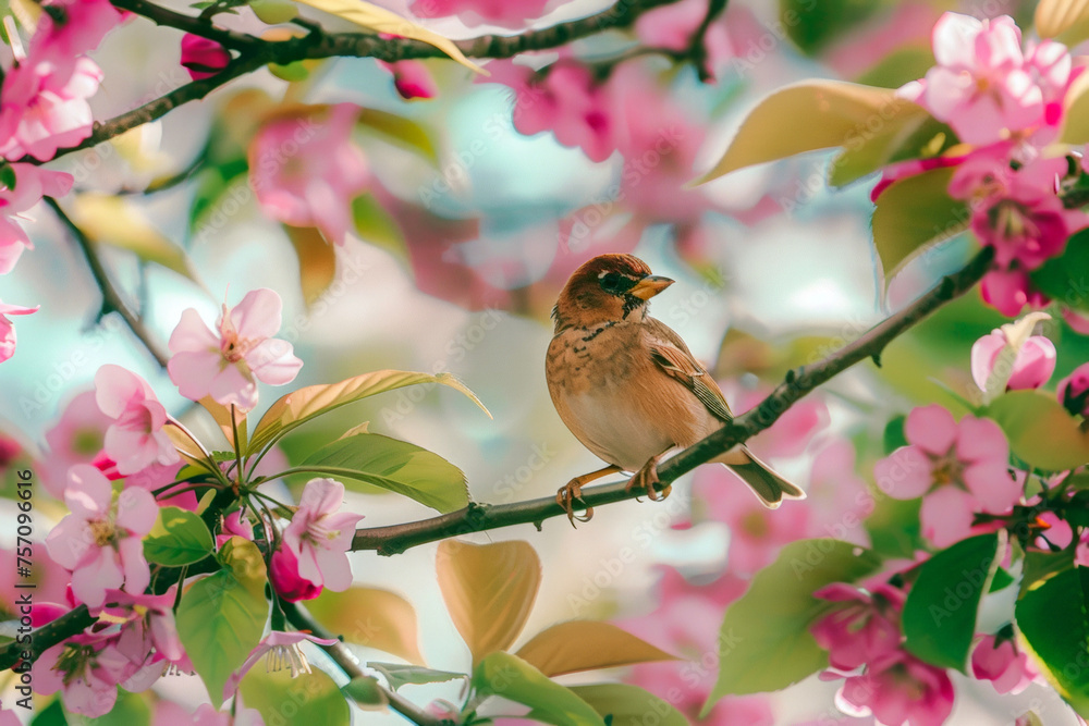 Fototapeta premium A cute little bird is sitting on a branch with pink flowers on the background of a spring garden. Spring blooming flowers and trees. Horizontal background for a postcard, banner, poster.