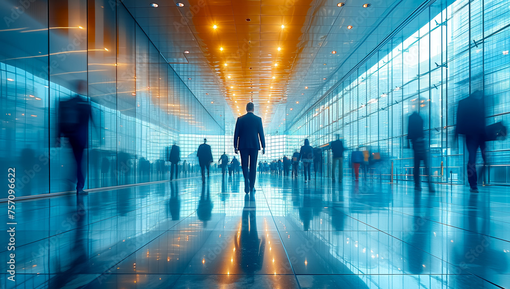 Confident businessman walking in sunlit blue glass skywalk