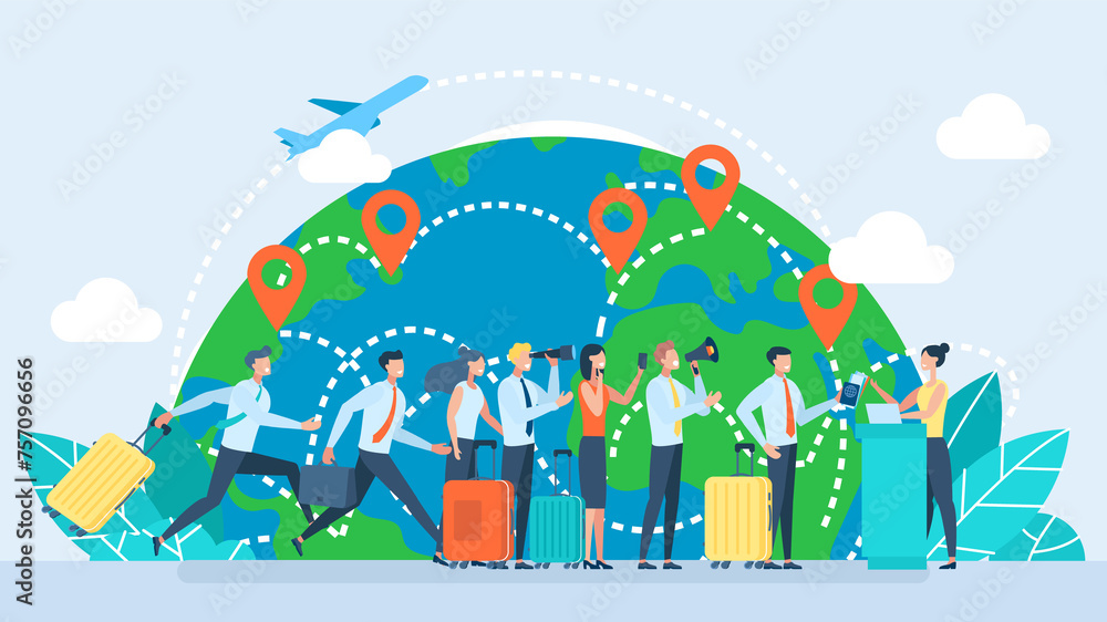 Airport check-in passengers standing in line before travel. Planes are flying in midair and positioning pins are attached to various places in the world for travel concept. Flat illustration