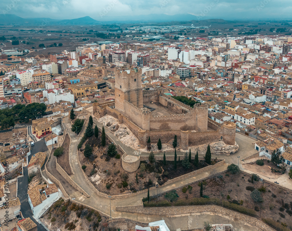 Aerial Drone View of Atalaya Castle in Villena, Spain