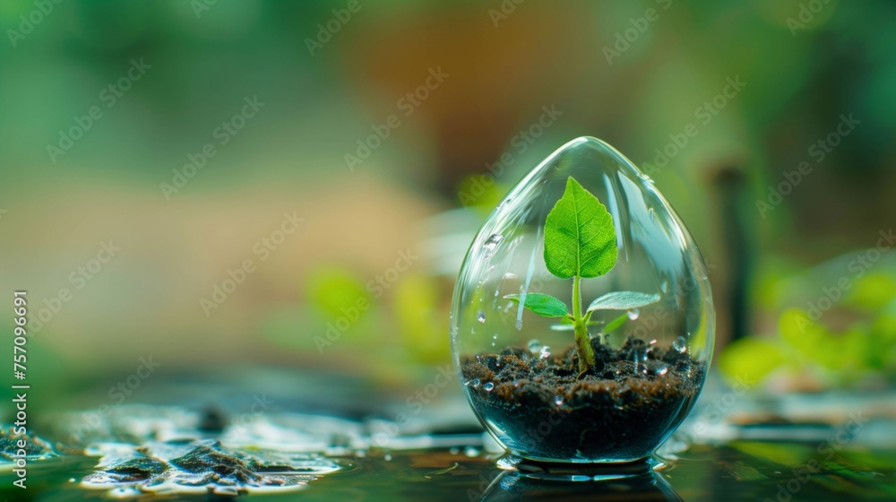 Sustainable Growth Concept with Young Plant Inside Water Drop Sustainable Growth Concept with Young Plant Inside Water Drop