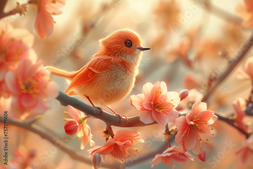 A cute little bird is sitting on a branch with pink flowers on the background of a spring garden. Spring blooming flowers and trees. Horizontal background for a postcard, banner, poster. © Olga