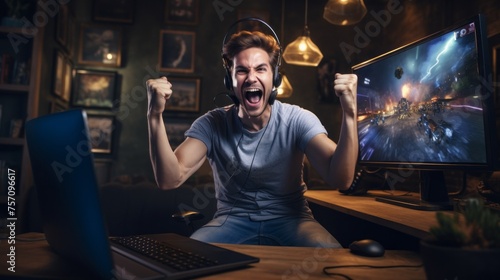 A happy, rejoicing Professional gamer, A man with headphones, who won a round in a video game on a computer at home. Online Championship, Esports, Hobbies and Entertainment, Technology concepts.