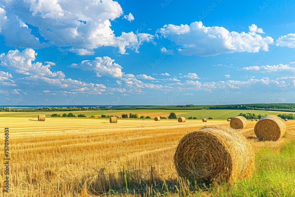 Fototapeta premium Panoramic natural landscape with green grass, golden field of harvested wheat with bales and blue sky with clouds. Colorful summer panorama of combination of yellow and green fields.