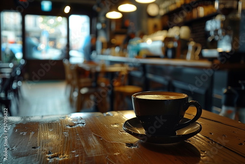 A cup of coffee on wooden table in cafe