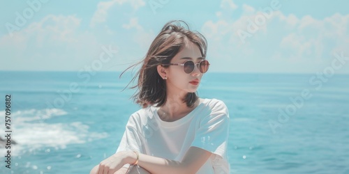 A girl with a computer sits near the sea. Sunny day. Vacation  travel  beach. freelancing Meditation. Job.Manager