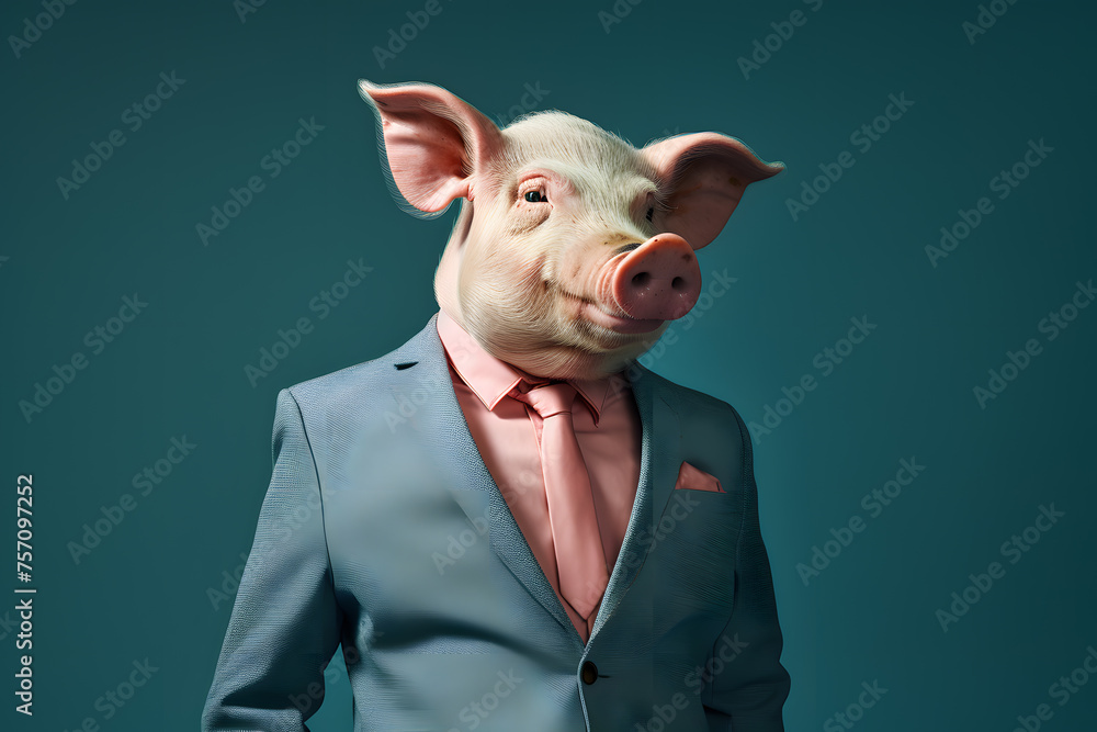 Photo of an anthropomorphic pig in jacket and suit - obrazy, fototapety, plakaty 