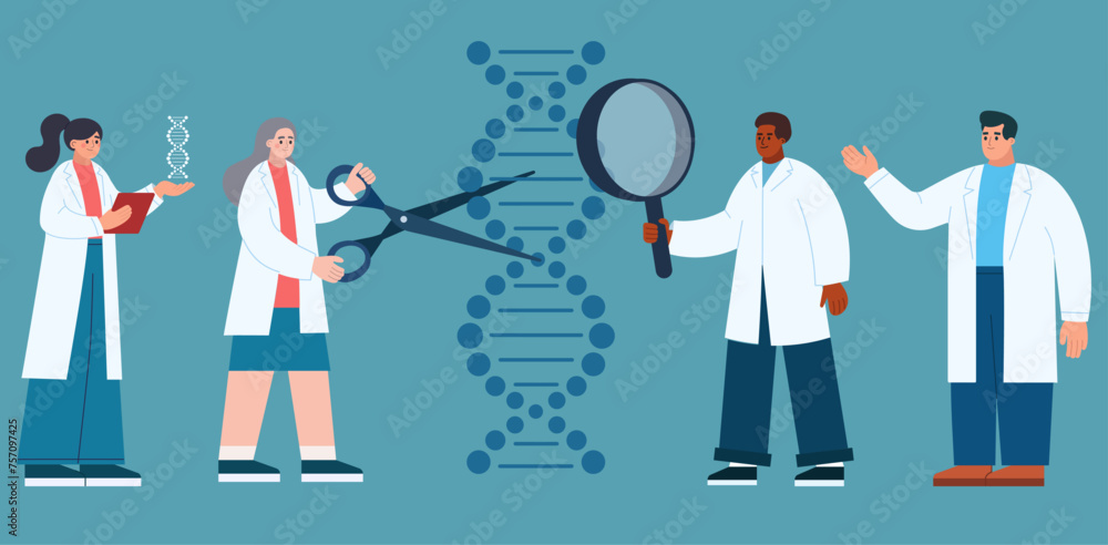 Genetic research concept. Scientists studying DNA molecule. Vector illustration