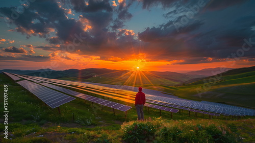 A man stand in solar farm with the sunset background