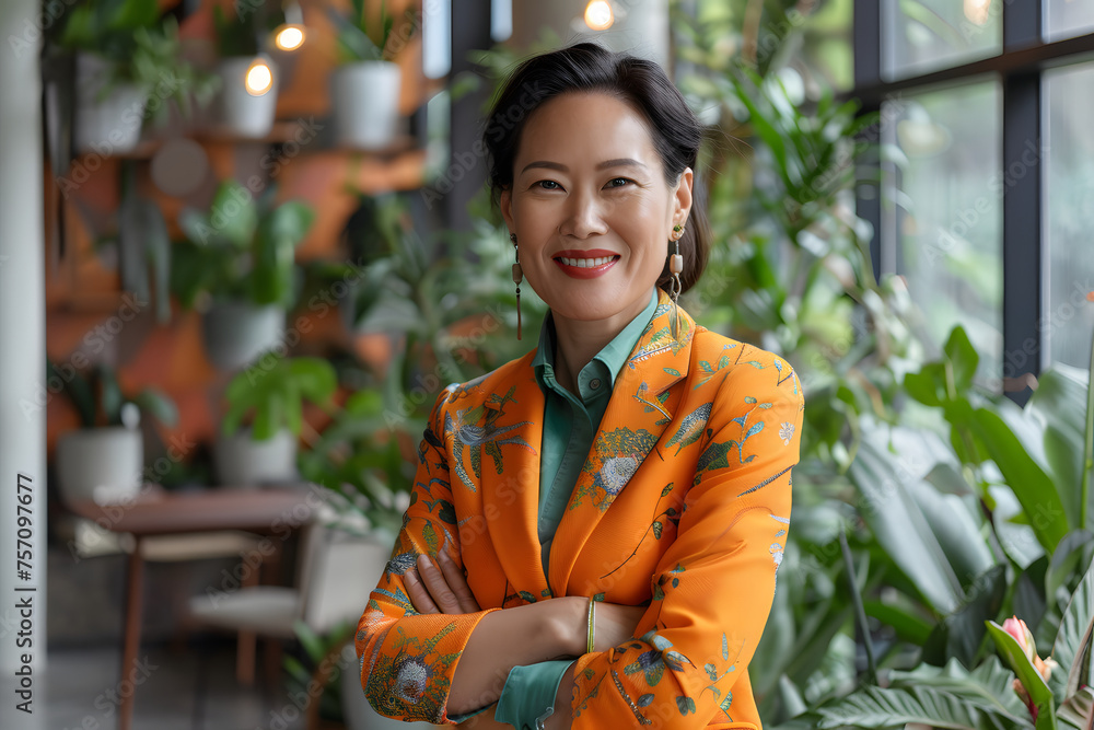 A confident Southeast Asian businesswoman in her late 40s, adorned in a vibrant business suit, stands in her contemporary, plant-filled office crossing her arms with a warm smile, looking into camera. A confident Southeast Asian businesswoman in her late 40s, adorned in a vibrant business suit, stands in her contemporary, plant-filled office crossing her arms with a warm smile, looking into camera.