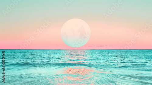 A tranquil turquoise ocean stretching to the horizon within the light pink circle, its azure waters reflecting the golden hues of the setting sun.