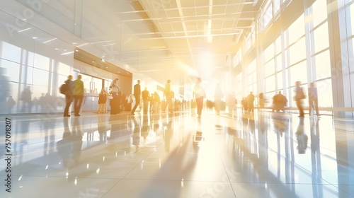 Airport building international terminal rushing people to land blurred background AI generated image