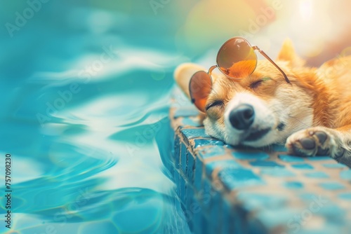 Portrait of a realistic happy corgi dog with sunglass  on sunset dreaming near pool, holiday summer vacation relax vibe concept.  photo