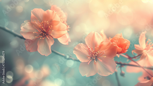 Spring Blossoms  Pink Peach Blossoms Against a Blue Background Dappled with Pretty Light Spots  Vibrant and Full of Life