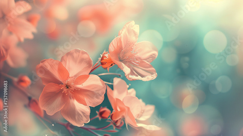 Spring Blossoms: Pink Peach Blossoms Against a Blue Background Dappled with Pretty Light Spots, Vibrant and Full of Life